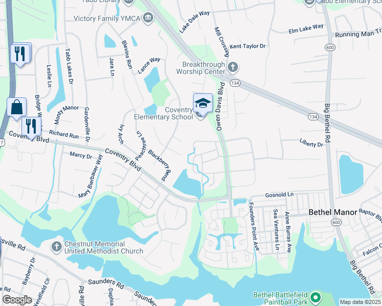 map of restaurants, bars, coffee shops, grocery stores, and more near 154 Seekright Drive in Yorktown