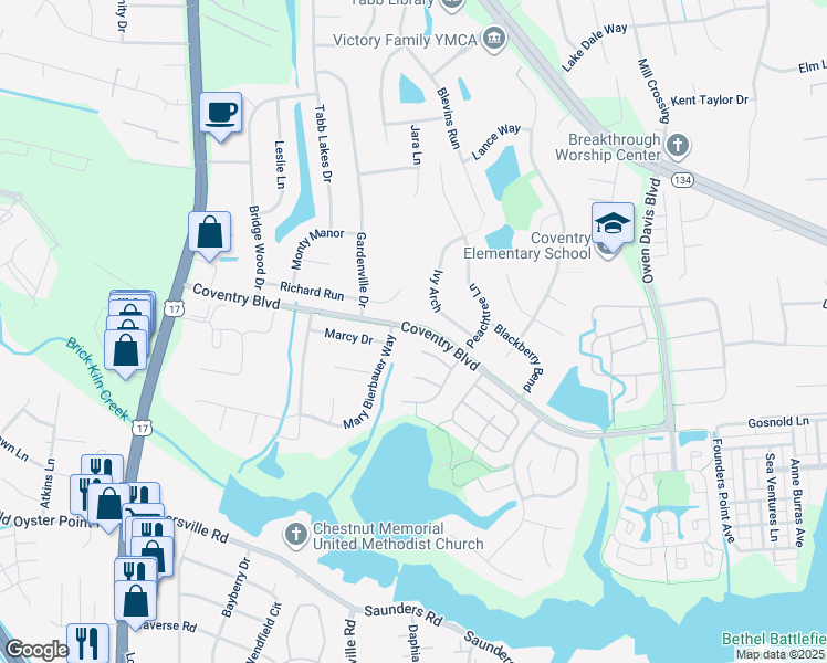 map of restaurants, bars, coffee shops, grocery stores, and more near 699-Z Coventry Boulevard in Yorktown