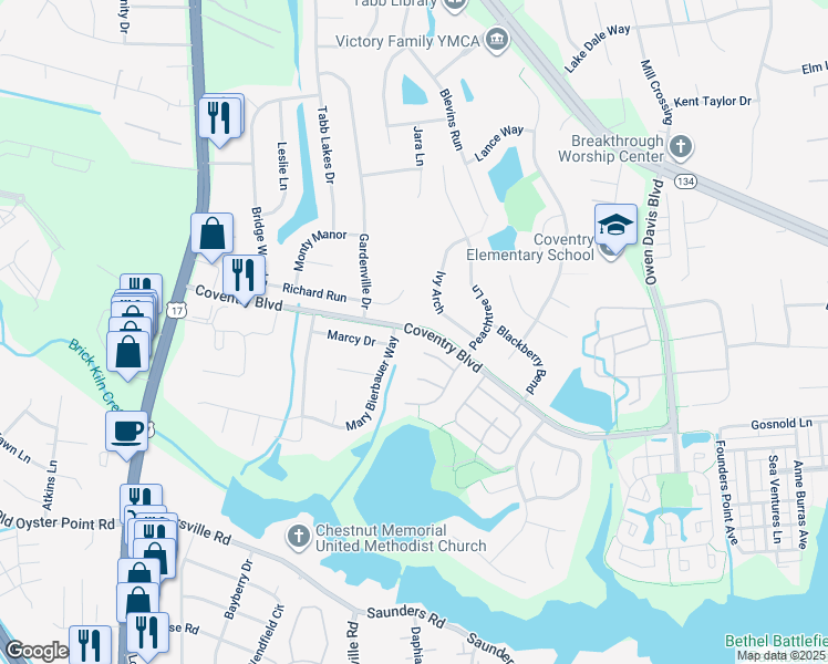 map of restaurants, bars, coffee shops, grocery stores, and more near 699-Z Coventry Boulevard in Yorktown