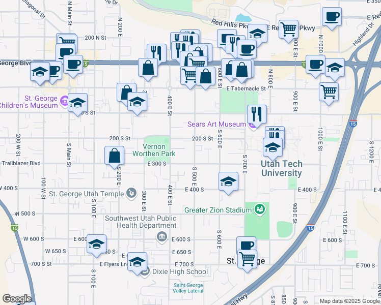 map of restaurants, bars, coffee shops, grocery stores, and more near 256 South 500 East in St. George