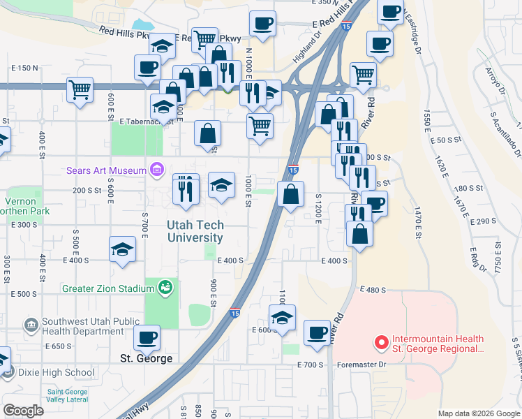 map of restaurants, bars, coffee shops, grocery stores, and more near 277 South 1000 East Street in St. George