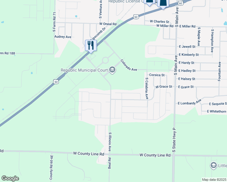 map of restaurants, bars, coffee shops, grocery stores, and more near 1301 South Illinois Avenue in Republic