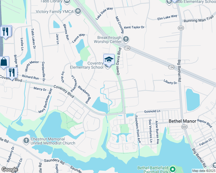 map of restaurants, bars, coffee shops, grocery stores, and more near 343 Ferguson Bend in Yorktown