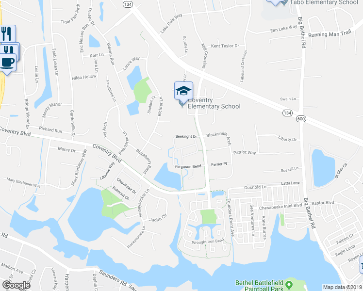 map of restaurants, bars, coffee shops, grocery stores, and more near 343 Ferguson Bend in Yorktown