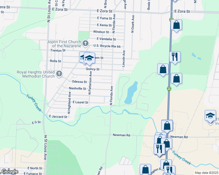 map of restaurants, bars, coffee shops, grocery stores, and more near 1506 North Florida Avenue in Joplin