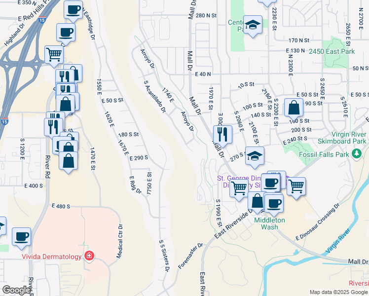 map of restaurants, bars, coffee shops, grocery stores, and more near 232 South Acantilado Circle in St. George