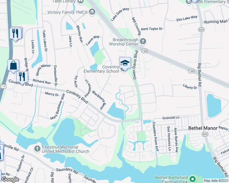 map of restaurants, bars, coffee shops, grocery stores, and more near 111 Alfred Court in Yorktown