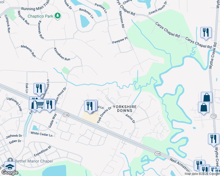 map of restaurants, bars, coffee shops, grocery stores, and more near 302 Arabian Circle in Yorktown