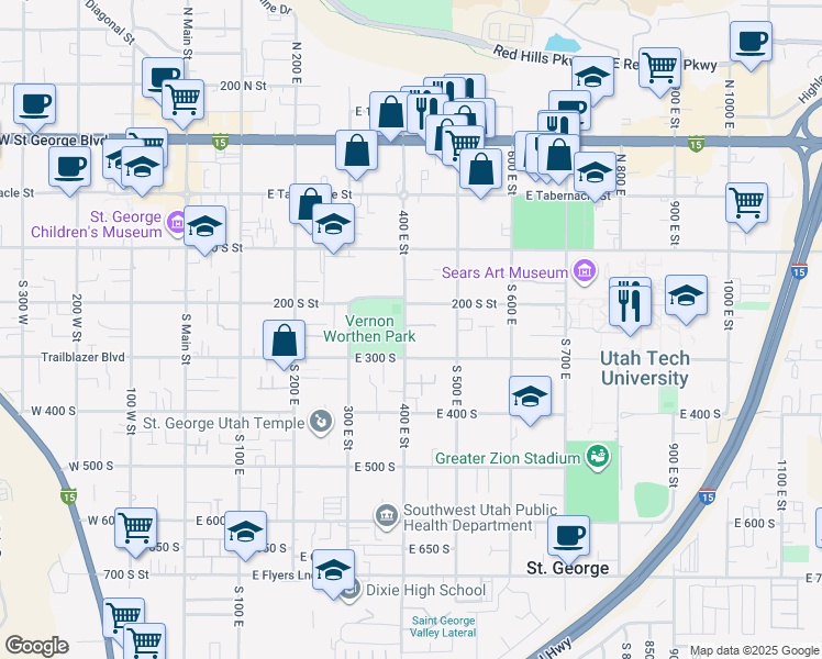 map of restaurants, bars, coffee shops, grocery stores, and more near 235 South 400 East in St. George