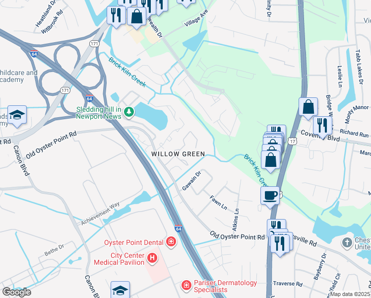 map of restaurants, bars, coffee shops, grocery stores, and more near 1072 Willow Green Drive in Newport News