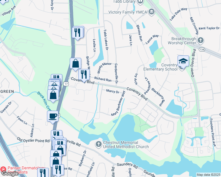 map of restaurants, bars, coffee shops, grocery stores, and more near 112 Marcy Drive in Yorktown