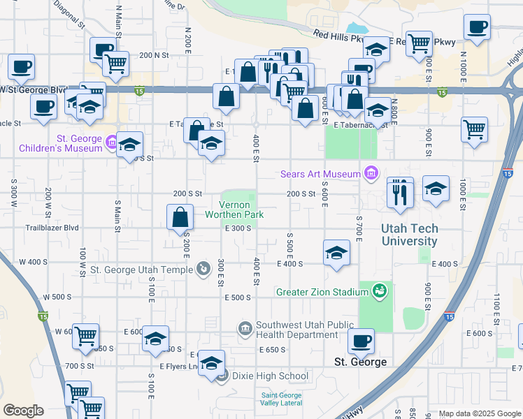 map of restaurants, bars, coffee shops, grocery stores, and more near 235 South 400 East in St. George