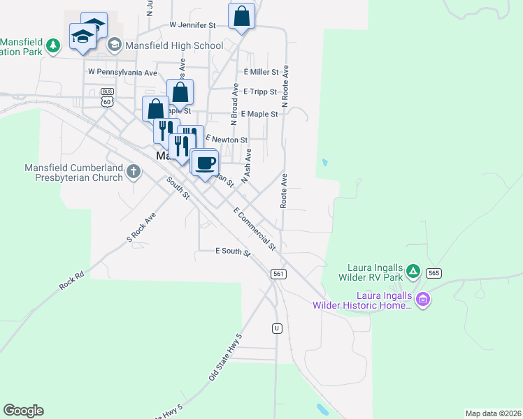 map of restaurants, bars, coffee shops, grocery stores, and more near Jordan St in Mansfield