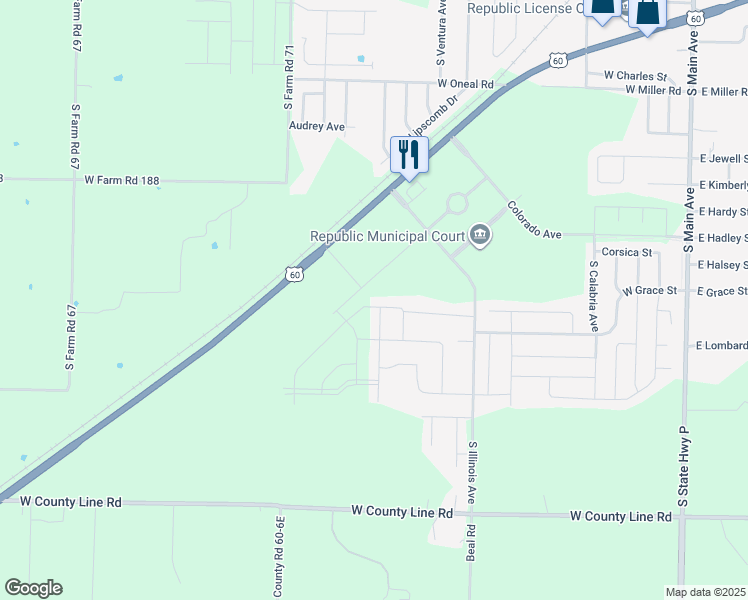 map of restaurants, bars, coffee shops, grocery stores, and more near 711 West Melody Lane in Republic