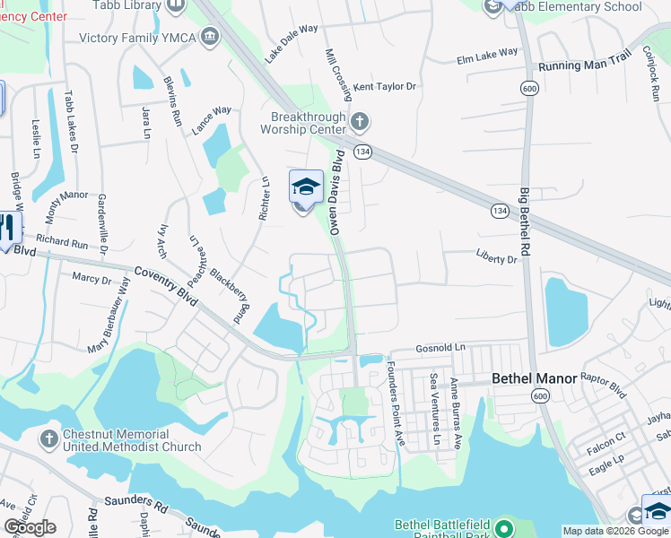 map of restaurants, bars, coffee shops, grocery stores, and more near 126 Grindstone Turn in Yorktown