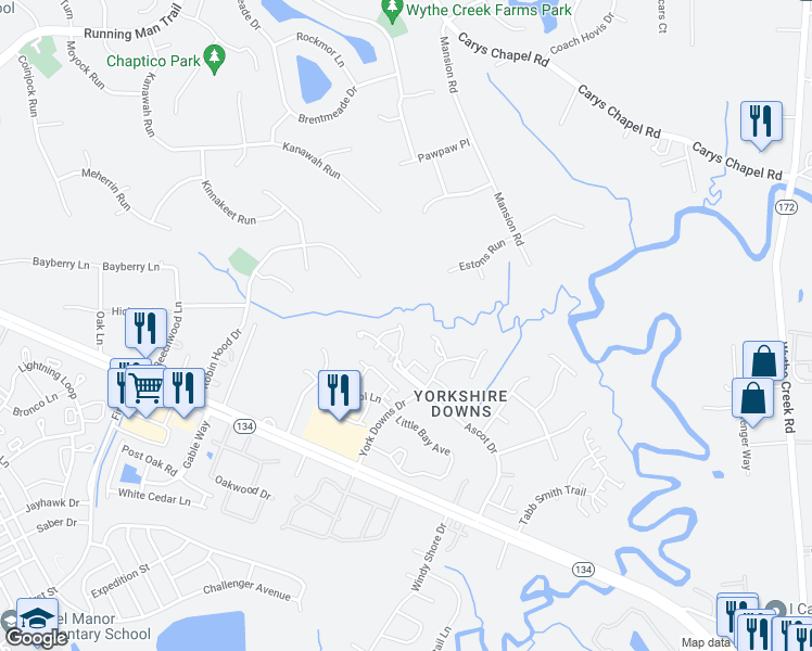 map of restaurants, bars, coffee shops, grocery stores, and more near 304 Arabian Circle in Yorktown