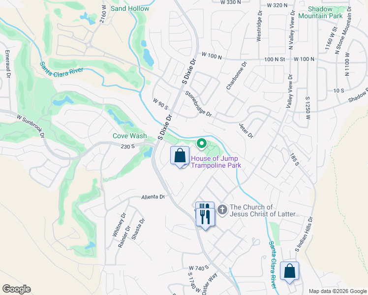 map of restaurants, bars, coffee shops, grocery stores, and more near 1825 Mathis Park Place in St. George