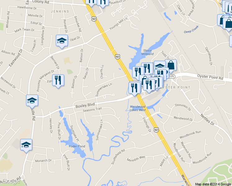 map of restaurants, bars, coffee shops, grocery stores, and more near 337 Windy Ridge Lane in Newport News