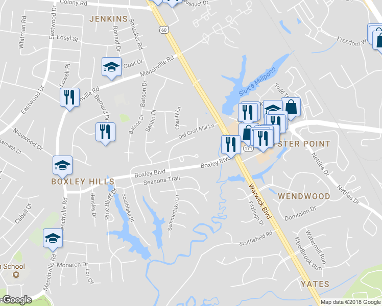 map of restaurants, bars, coffee shops, grocery stores, and more near 327 Windy Ridge Lane in Newport News