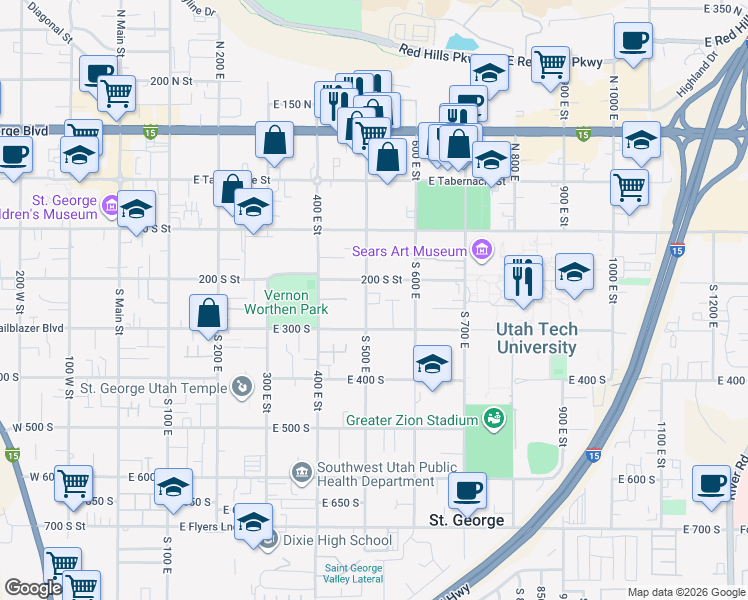 map of restaurants, bars, coffee shops, grocery stores, and more near 237 South 500 East in St. George