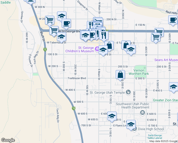 map of restaurants, bars, coffee shops, grocery stores, and more near 245 100 West Street in St. George
