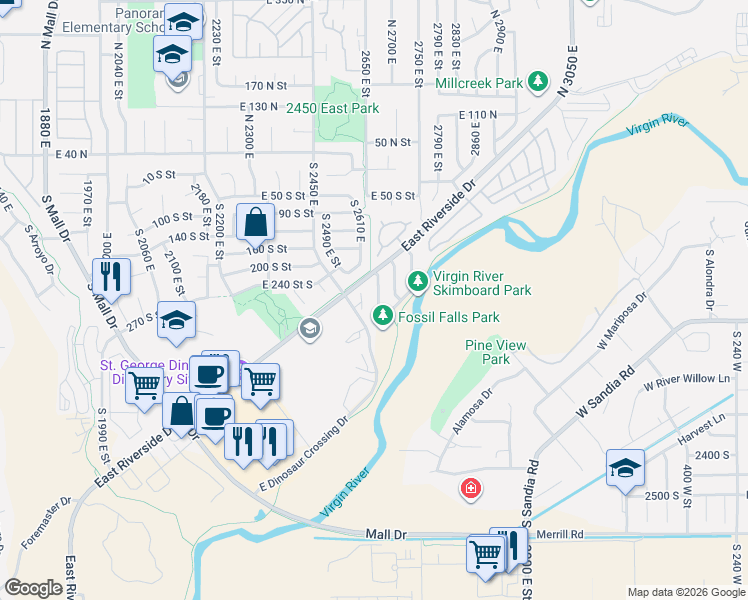 map of restaurants, bars, coffee shops, grocery stores, and more near 260 South 2670 East in St. George