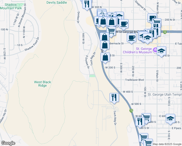 map of restaurants, bars, coffee shops, grocery stores, and more near 253 South Donlee Drive in St. George