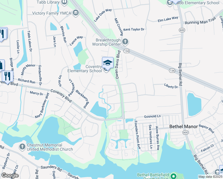 map of restaurants, bars, coffee shops, grocery stores, and more near 409 Ferguson Bend in Yorktown