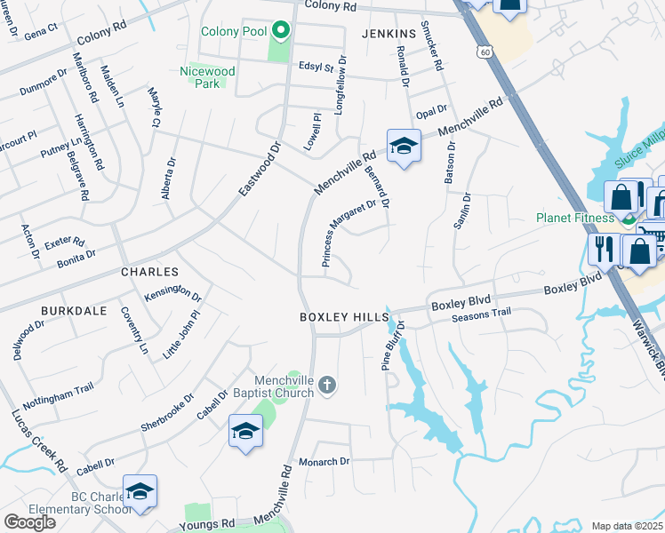 map of restaurants, bars, coffee shops, grocery stores, and more near 164 Princess Margaret Dr in Newport News