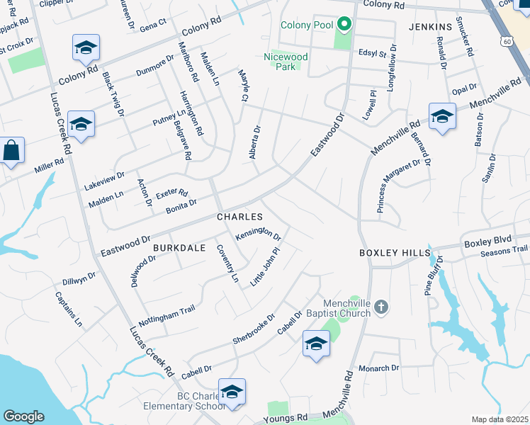 map of restaurants, bars, coffee shops, grocery stores, and more near 129 Lambert Drive in Newport News