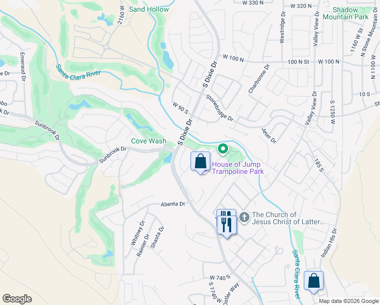 map of restaurants, bars, coffee shops, grocery stores, and more near 1825 West Mathis Park Place in St. George