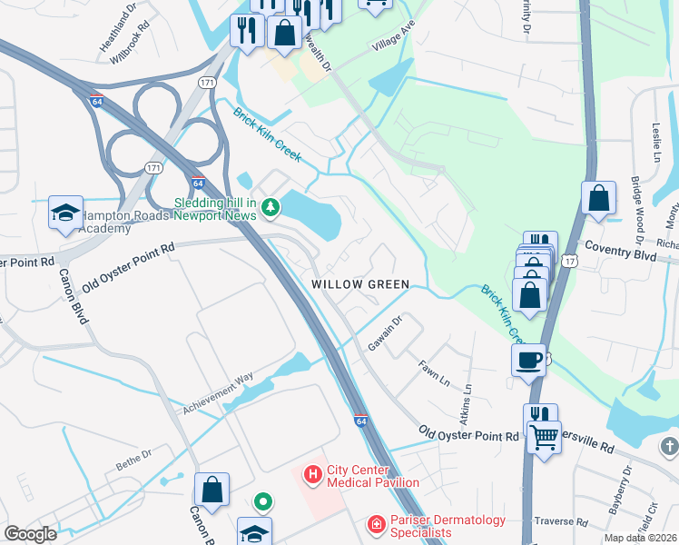 map of restaurants, bars, coffee shops, grocery stores, and more near 1001 North Green Drive in Newport News