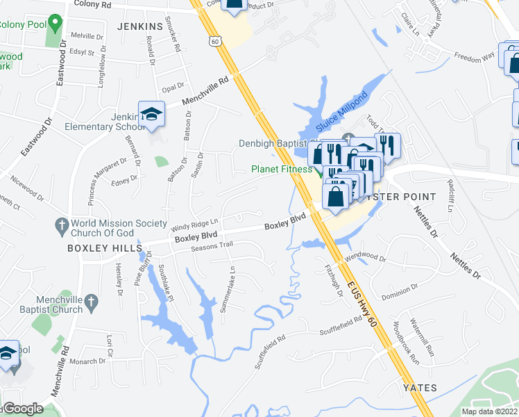 map of restaurants, bars, coffee shops, grocery stores, and more near 333 Windy Ridge Lane in Newport News