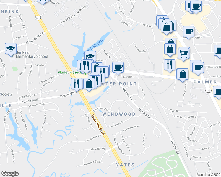map of restaurants, bars, coffee shops, grocery stores, and more near 12997 Nettles Drive in Newport News