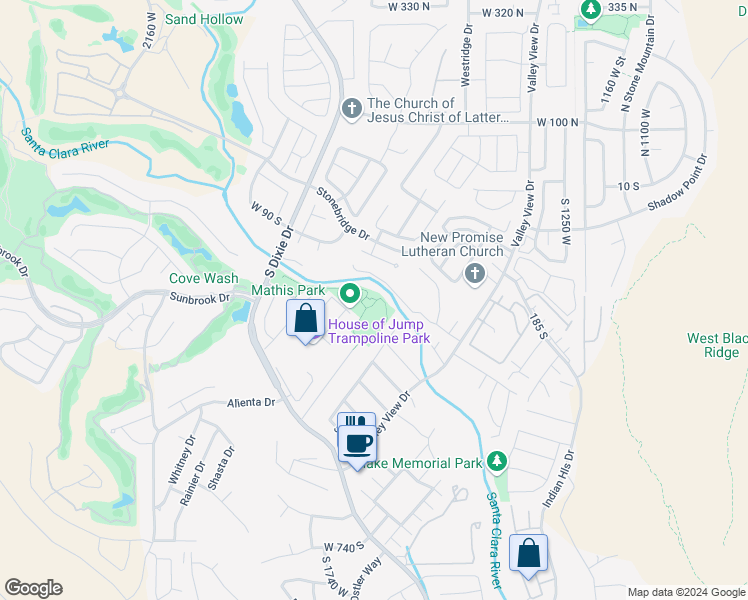 map of restaurants, bars, coffee shops, grocery stores, and more near 1820 West Mathis Park Place in St. George