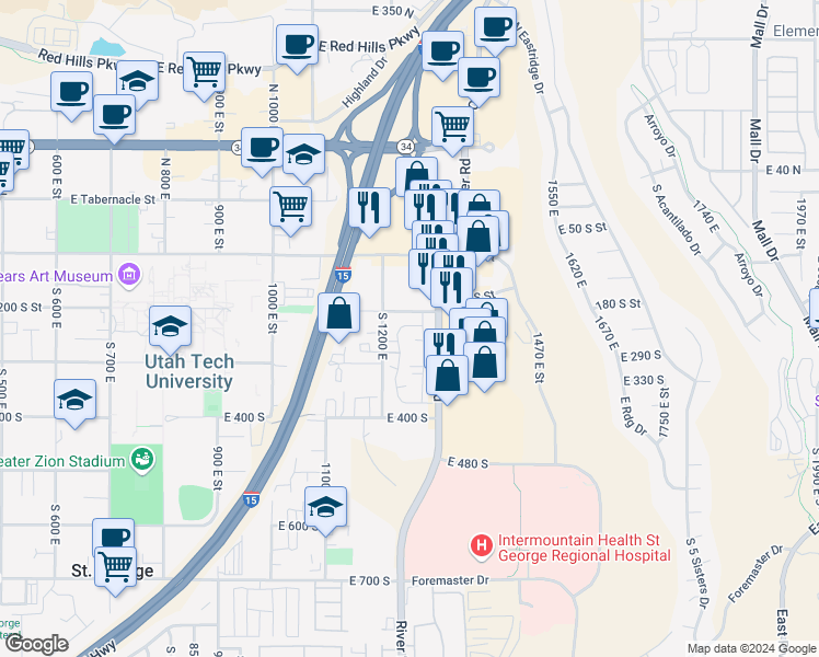 map of restaurants, bars, coffee shops, grocery stores, and more near 301 South 1200 East in St. George