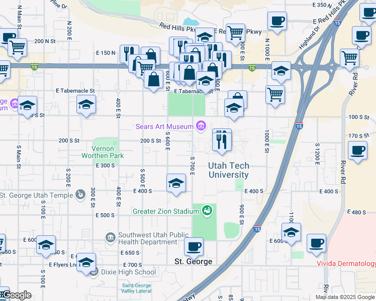 map of restaurants, bars, coffee shops, grocery stores, and more near 244 S 700 E in St George
