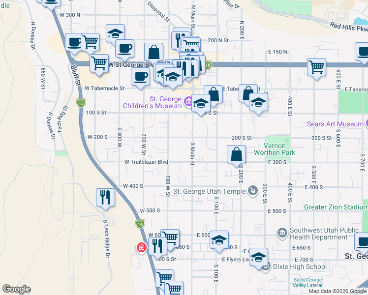 map of restaurants, bars, coffee shops, grocery stores, and more near in St. George