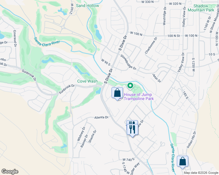 map of restaurants, bars, coffee shops, grocery stores, and more near 45 West Mathis Park Place in St. George