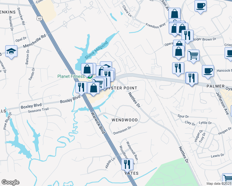 map of restaurants, bars, coffee shops, grocery stores, and more near 12997 Nettles Drive in Newport News
