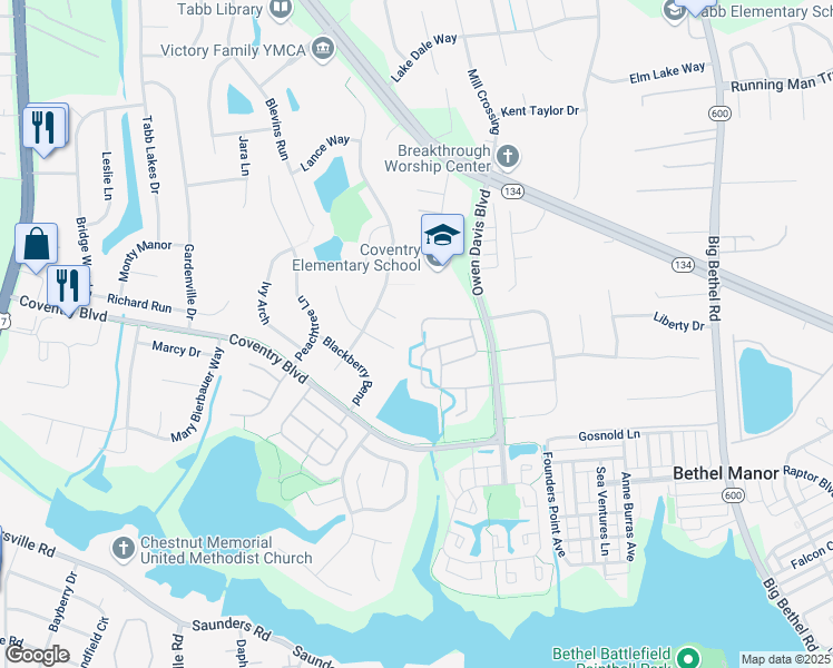 map of restaurants, bars, coffee shops, grocery stores, and more near 111 Alfred Court in Yorktown