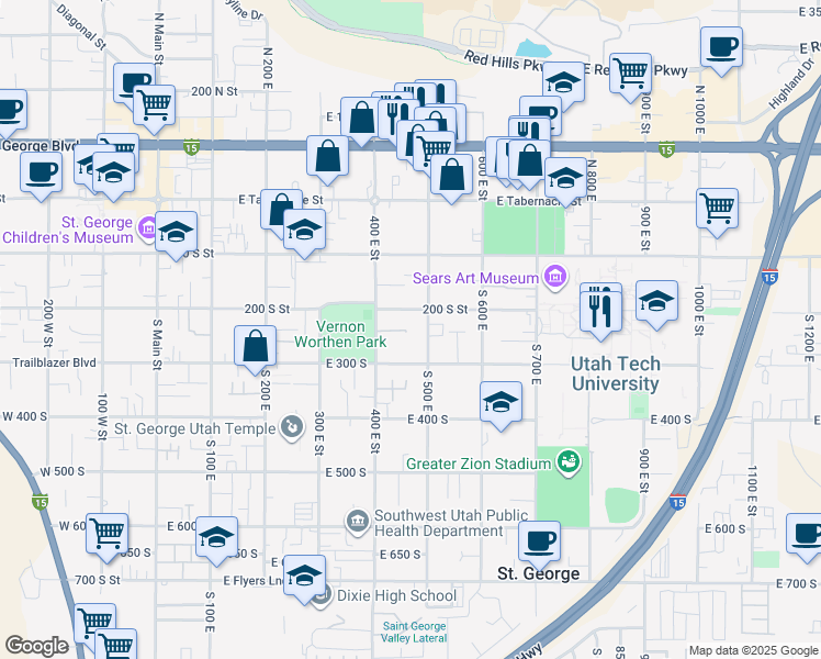 map of restaurants, bars, coffee shops, grocery stores, and more near 235 South 400 East in St. George