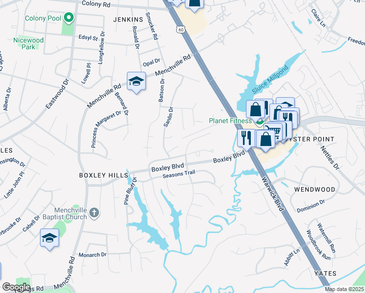 map of restaurants, bars, coffee shops, grocery stores, and more near 240 Whitebrook Lane in Newport News