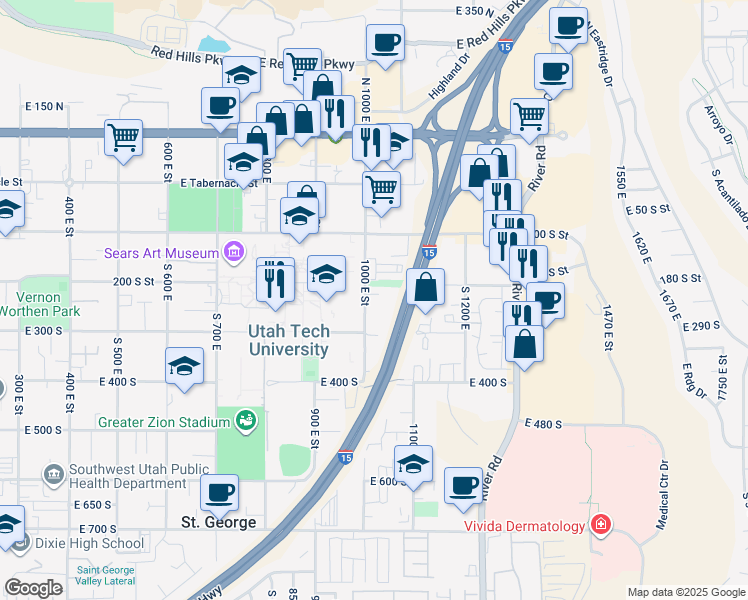 map of restaurants, bars, coffee shops, grocery stores, and more near 233 South 1000 East in St. George