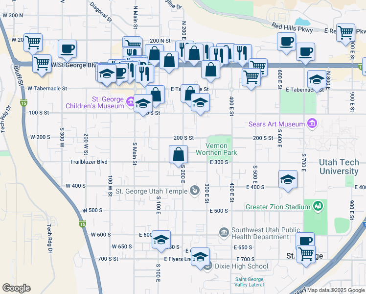 map of restaurants, bars, coffee shops, grocery stores, and more near 269 South 200 East in St. George