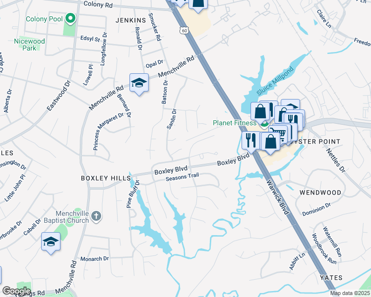 map of restaurants, bars, coffee shops, grocery stores, and more near 240 Whitebrook Lane in Newport News