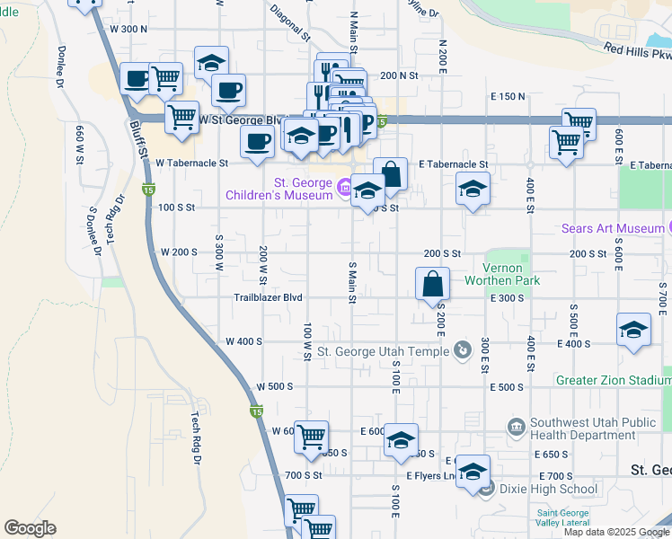 map of restaurants, bars, coffee shops, grocery stores, and more near 245 100 West Street in St. George