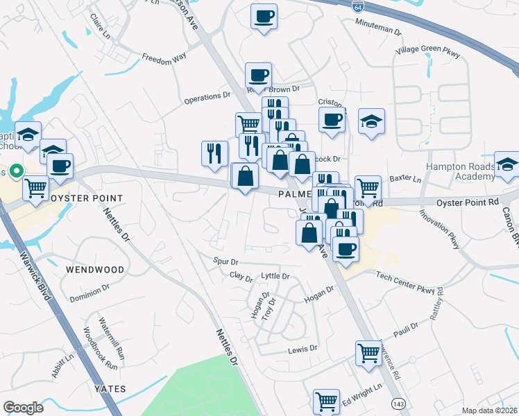 map of restaurants, bars, coffee shops, grocery stores, and more near 207 Monticello Court in Newport News