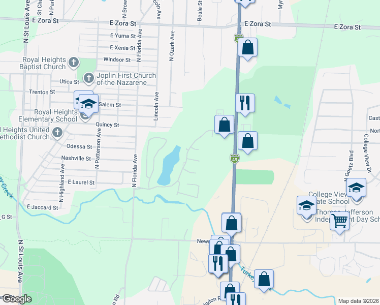 map of restaurants, bars, coffee shops, grocery stores, and more near 2726 Water's Edge Boulevard in Joplin