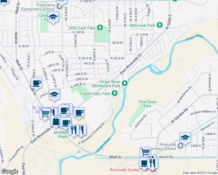 map of restaurants, bars, coffee shops, grocery stores, and more near 275 South 2450 East in Saint George